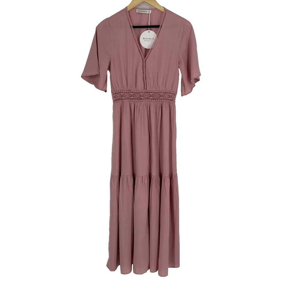 Rustydusty‎ Dress Womens Medium Pink V Neck Short Sleeve Ruched Tiered Maxi